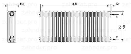 Схема (чертеж) Радиатор Zehnder Charleston 3050/18 №7610 Белый глянцевый RAL 9016